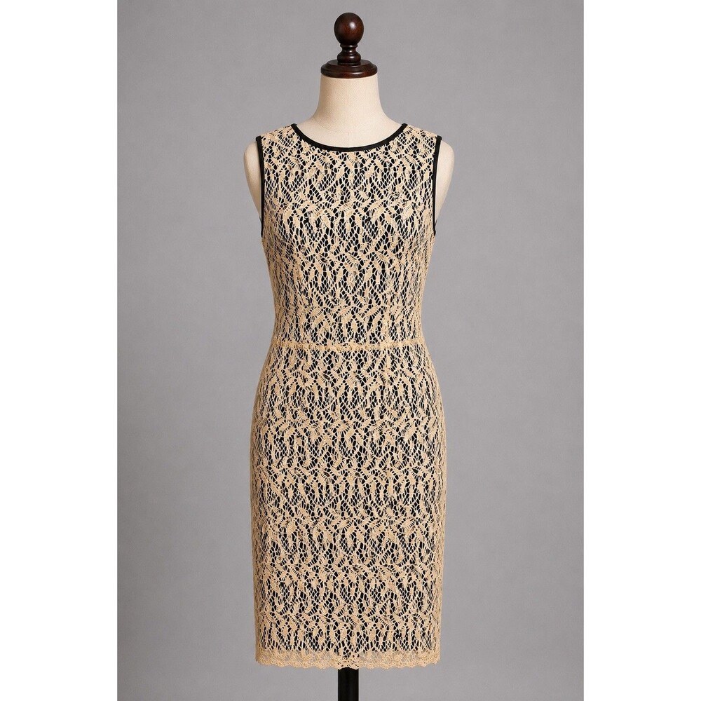 Linea Louis Dell’Olio Dress Small Beige Black Lace Lined Sleeveless Midi